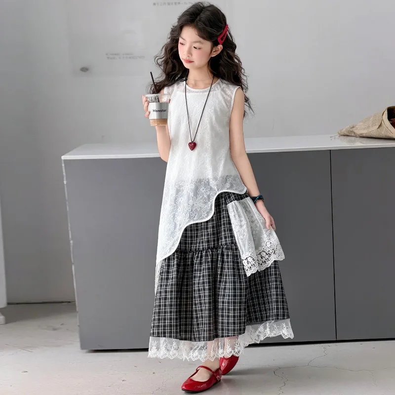 Children Clothes Girls Summer 2026 White Spaghetti Strap Top with Lace Blouse and Black Plaid Skirt  Breathable Three Piece Set