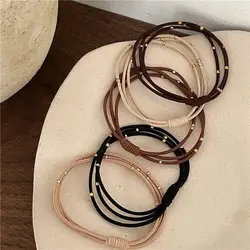 5pcs Fashion Women Gold Bead Thin Elastic Hair Bands Layered Knotted Rubber Band Basic Hair Tie Simple Elastic Rope Ponytail Gum