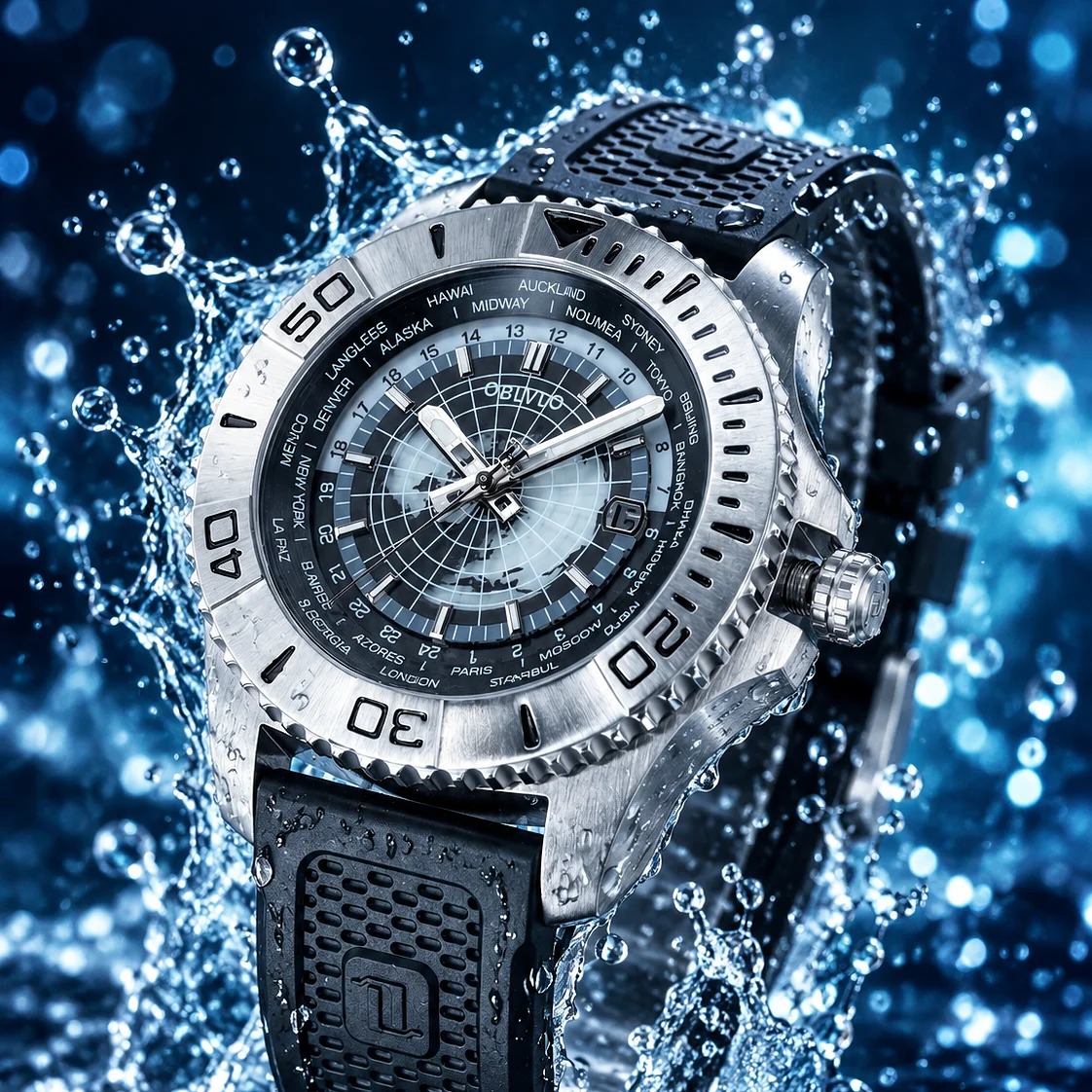 OBLVLO Men's Luxury Military Automatic Mechanical Watch - World Time Function Waterproof Super Luminous BM Rubber Band