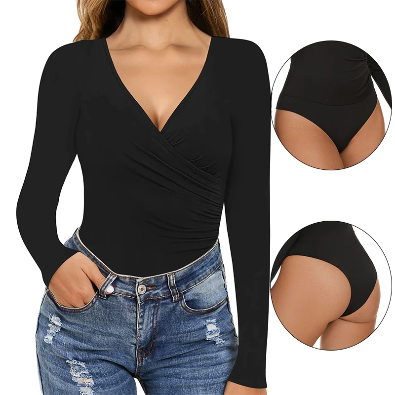 Women's Cross Wrap Ruched Plunge Deep V Neck Long Sleeve Bodysuits Shapewear Tummy Control Body Shaper Sexy Clubwear