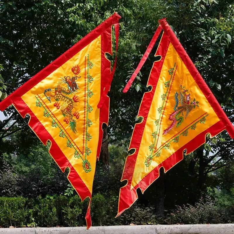 التطريز مثلث التنين والعنقاء العلم على الوجهين التطريز قاعة الأجداد معبد معرض خمسة ألوان العلم الزخرفية