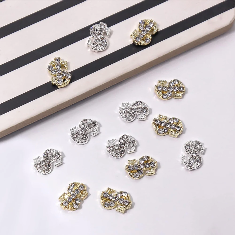 10Pcs Luksusowy znak dolara Nail Art Charm 3D Glitter Diamond Dollar Symbol Alloy Nail Decoration DIY Wykwintne akcesoria do paznokci