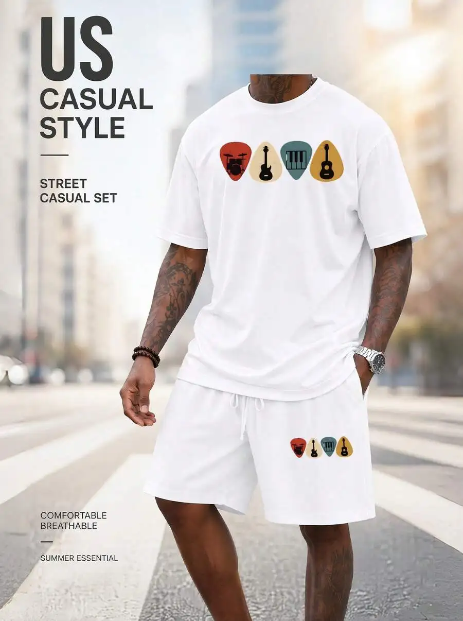 Men S 2 Piece Oversized T-Shirt Shorts Set Musical Instrument Pi Graphic Streetwear Casual Outfit view 2