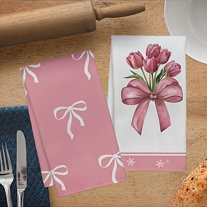 1Pc Bow or Tulip Kitchen Towels, Ultra-Fine Microfiber Highly Absorbent Soft Hand Towels, Dishcloths & Tea Towels for Decor