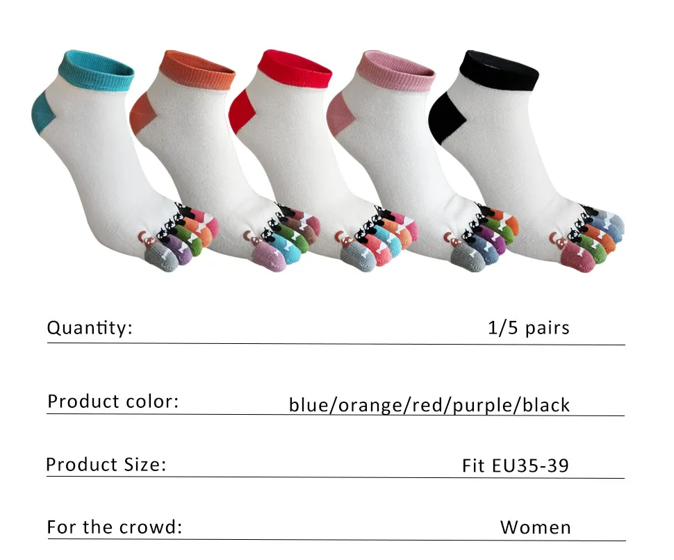 1/5 Paar Zehensocken für Damen und Mädchen, Baumwolle, weiß, niedlicher Cartoon-Bär, Fischdruck, weich, schöne Mode, Knöchelboot, Fünf-Finger-Socken – Detail 1
