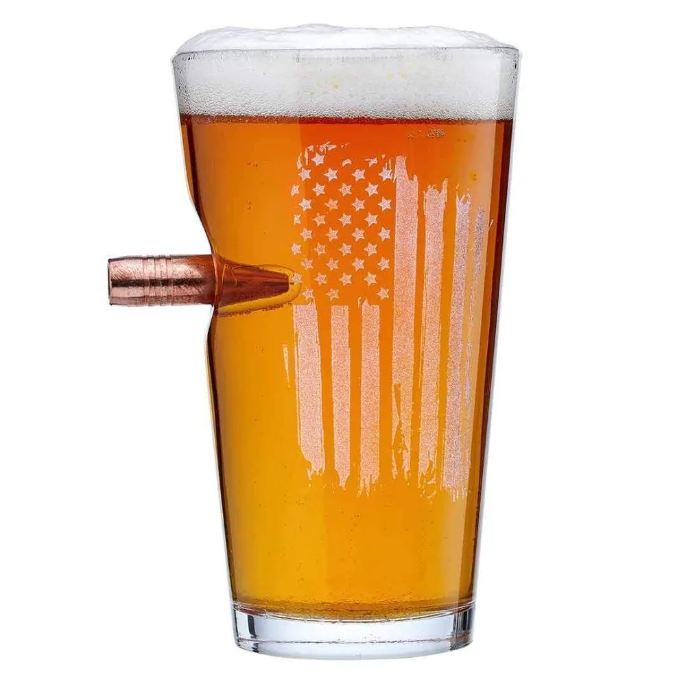 

US Flag Pint Glass with Real 0.50BMG Bullet - 16oz | Made in the USA