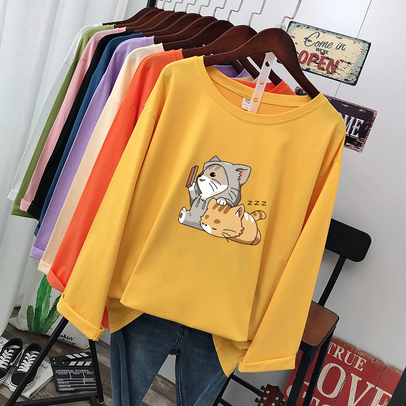 DAYIFUN Plus Size T-shirts Women's 2023 Spring Autumn New Cotton Loose Long Sleeve Tshirts O Neck Cartoon Printed Tees Top 100KG