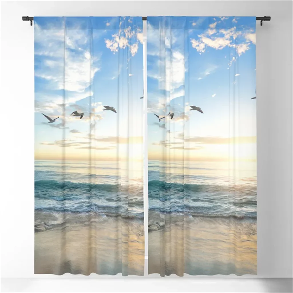 Ocean Waves Sunset Lighthouse Coastal Landscape Photo Shade Curtains Modern Home Living Room Bedroom Window Decor Curtains