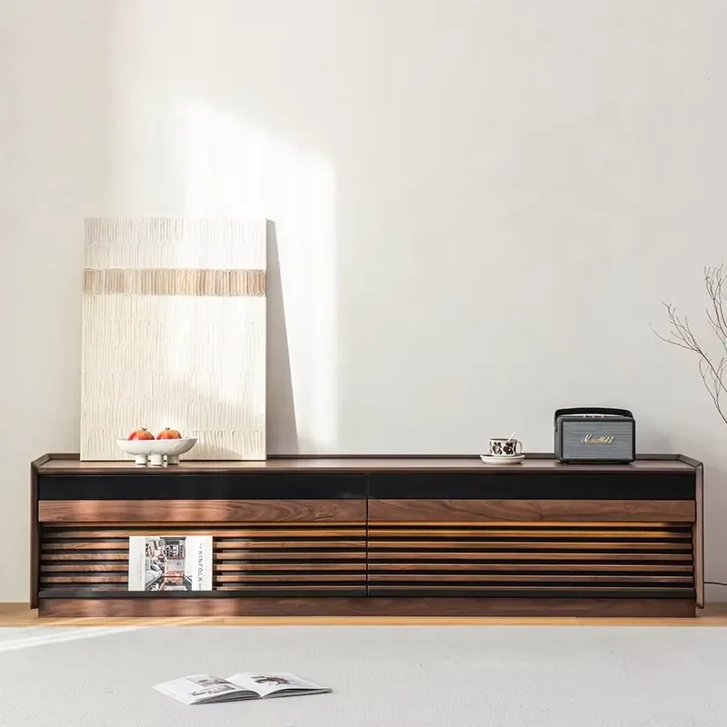 Modern European Walnut Wood Slatted Floor Mount TV Stand Cabinet for Living Room Bedroom Apartment Furniture