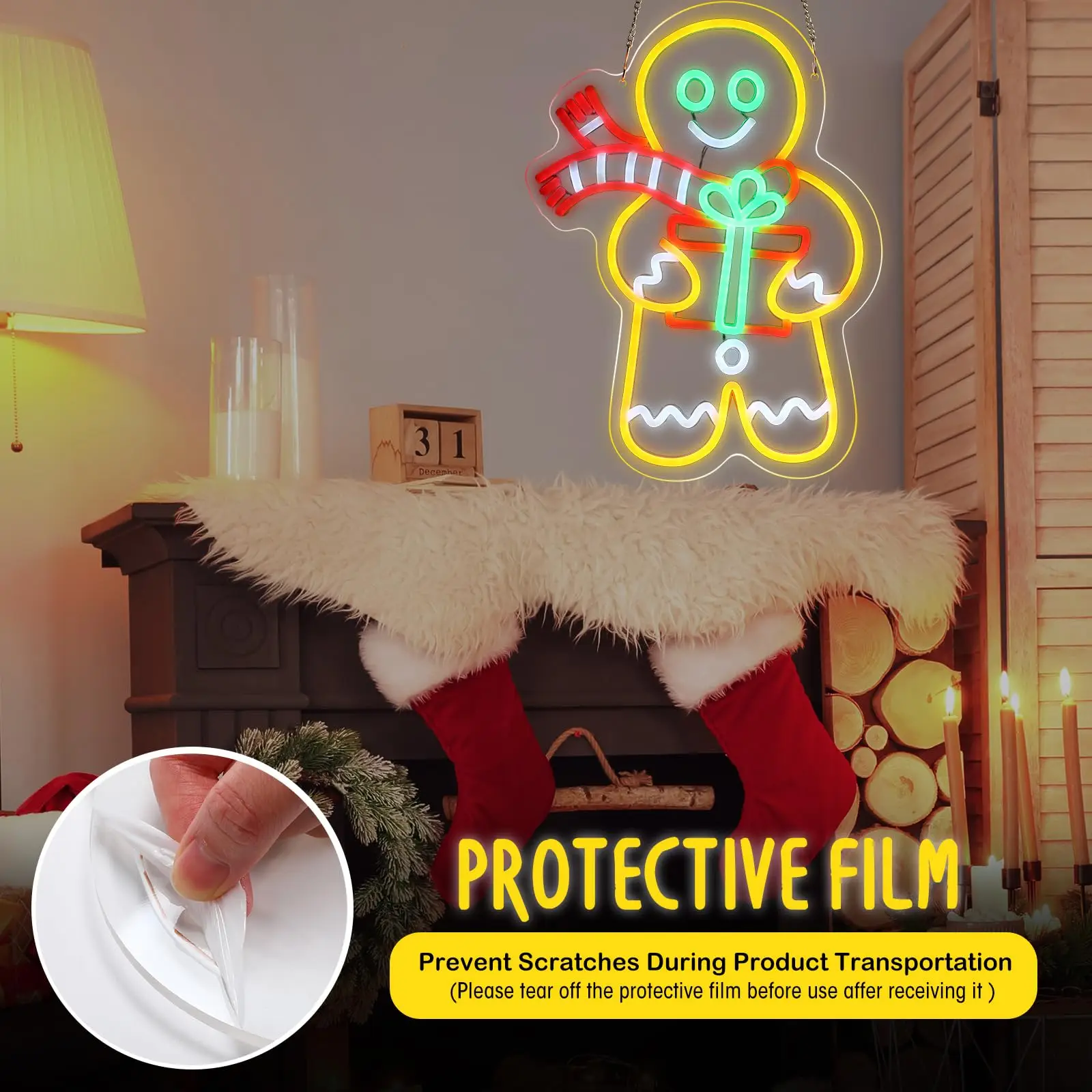 Gingerbread Man  Neon Sign for Wall Decor USB Power Dimmable Switch for Bedroom Cafe Bar Living Room Christmas Party Gift