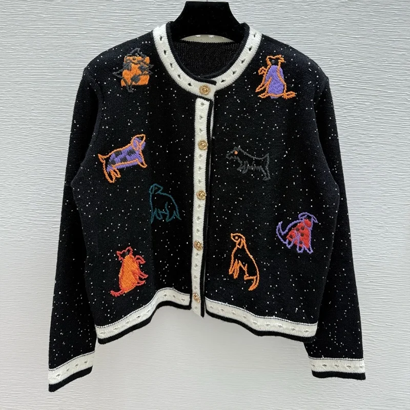 

Высококачественный женский однобортный кардиган с металлическими пуговицами и цветочным принтом, женский свитер с вышивкой маленькой собачки 25916166