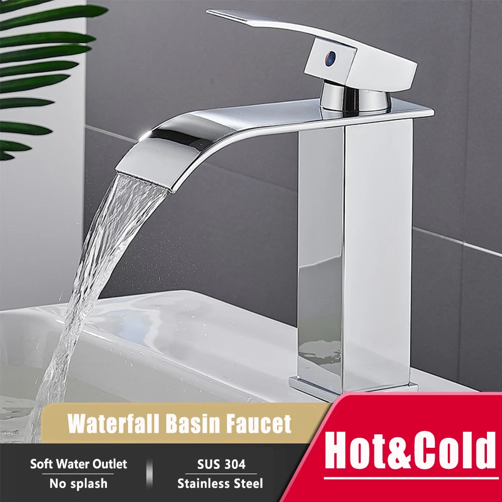 Bathroom Waterfall Basin Sink Faucet 304 Stainless Steel Bath Washbasin Mixer Single Handle Hot&Cold Deck Mounted Vanity Taps