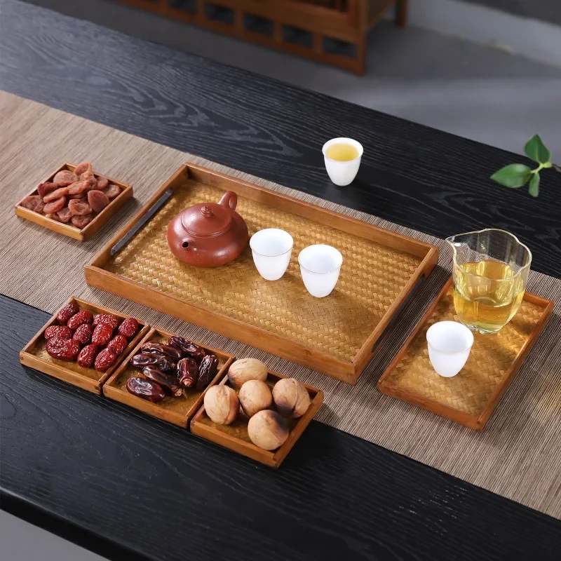 Retro Bamboo Woven Fruit Plate Large Lacquer Grid Tea Tray Storage Dry Bubble Tray Household Refreshment Tray Japanese Style 4