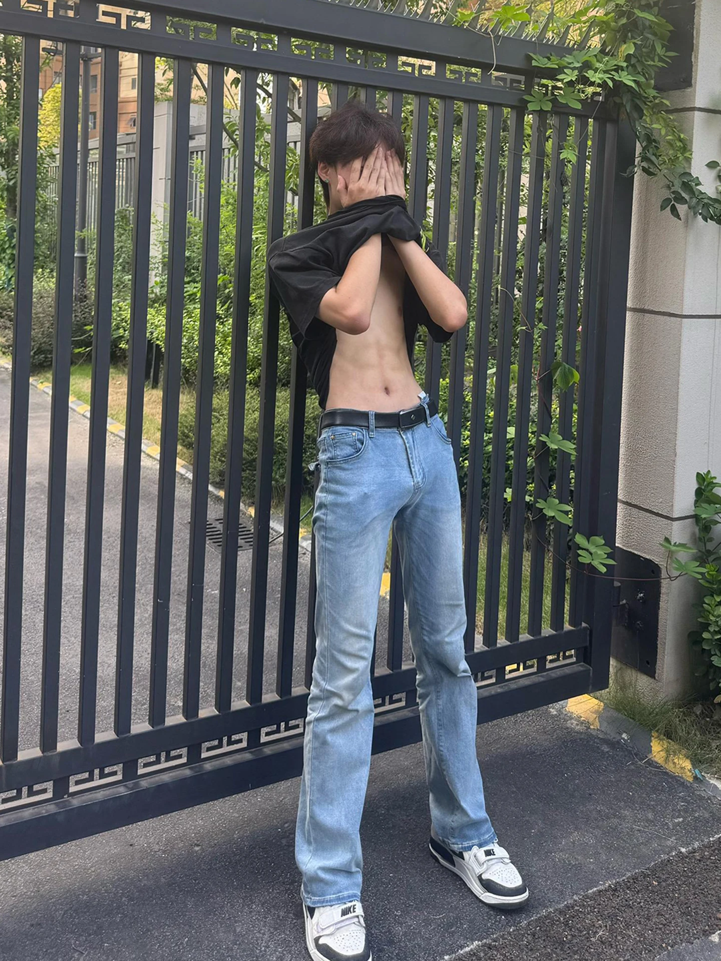 

Light Blue Men's Knife Jeans Straight Leg Slim Fit Long Pants American Style Autumn Fashion Vibe Washed Denim Casual Tro...