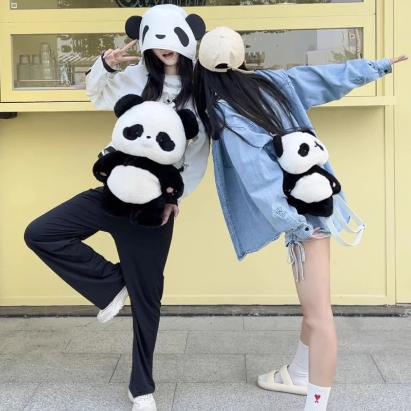 Cartoon Cute Panda Shape Backpack Nylon Plush Material 2 Sizes Available Removable Shoulder Strap Bag Fashion Women\'s Makeup Bag