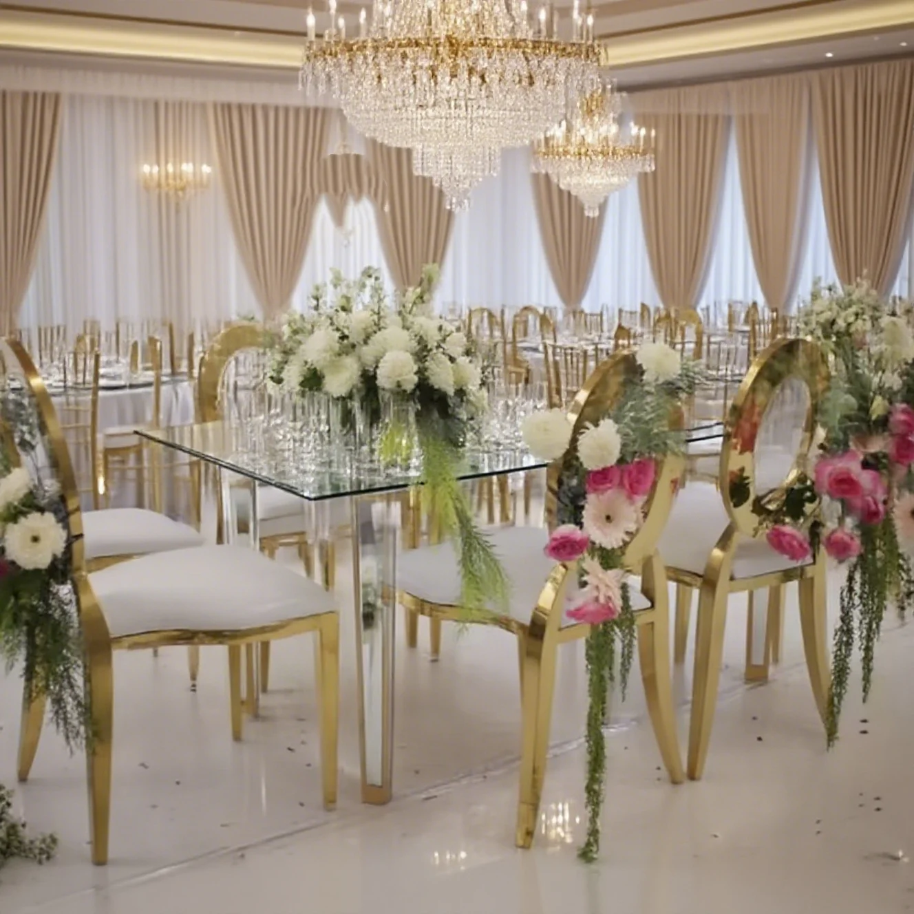 24pcs Wholesale Luxury Furniture Gold Stainless Steel Stacking Leather Event Banquet Wedding Tables Chair for Hotel
