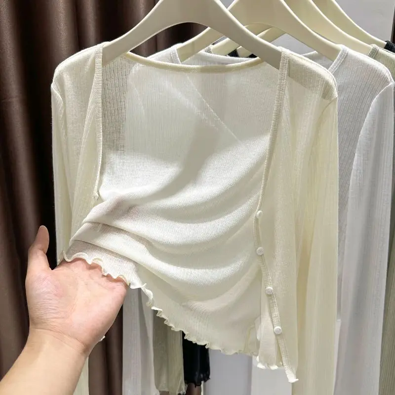 plus Size Ice Silk Thin Sun Protection Cardigan Women's Summer Short Sleeve Outerwear with Wood Grain  Design Commute Style