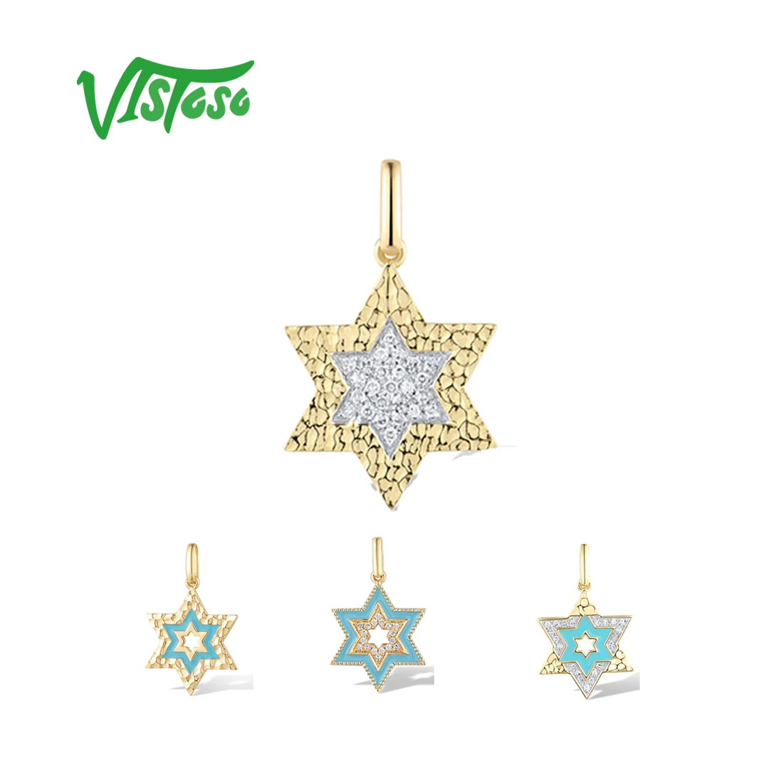 

VISTOSO Genuine 14K 585 Yellow Gold Pendant For Women Sparkling Diamonds Hammed texture star Charms Enamel Trendy Fine Jewelry