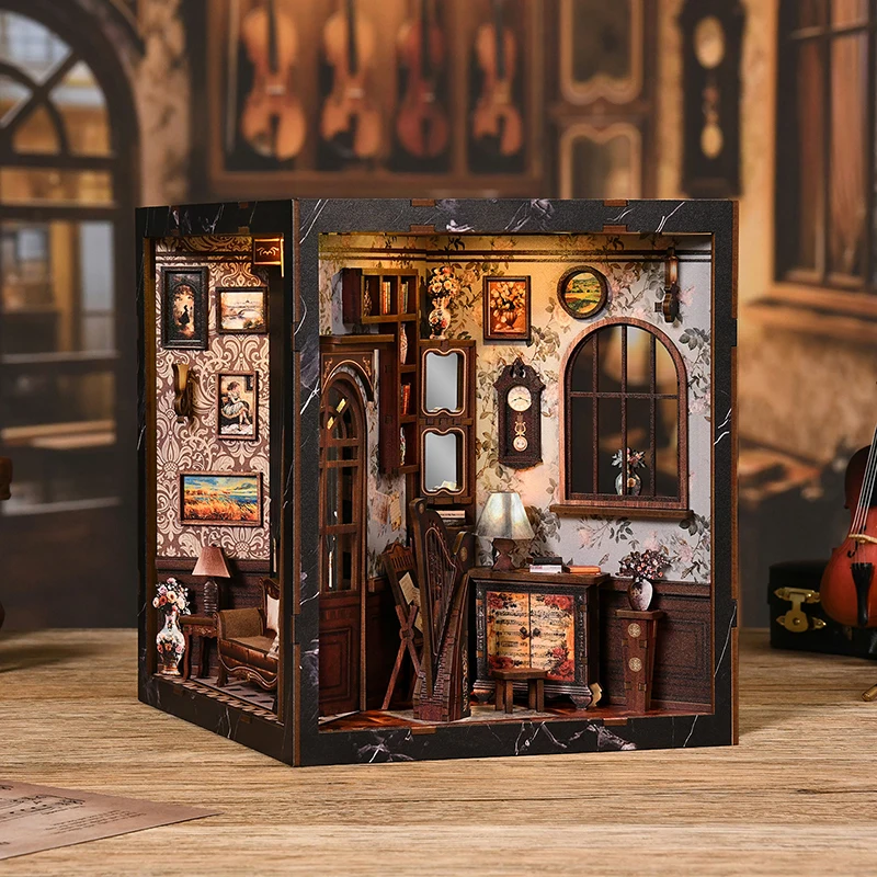 DIY Wooden Book Nook Figurines Miniatures European Melody Musical Instrument Box Bookend for Friends Gifts Home Decor Crafts