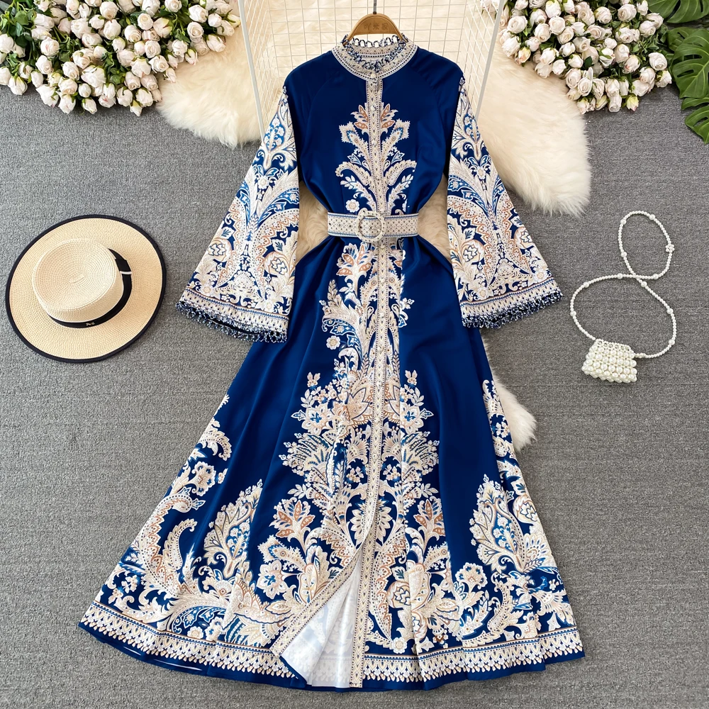 Elegant Women's Long Dresses Vintage Court Style Luxury Flare Sleeve Floral Print Ruched Spring Autumn Dress Vestidos платье