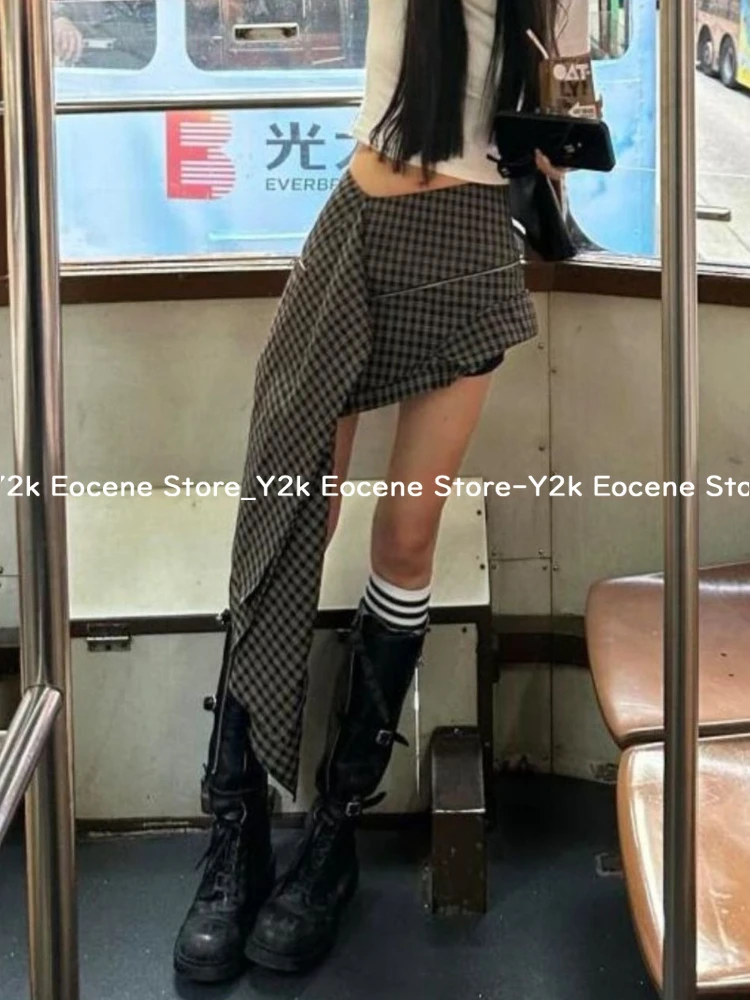 Jupe asymétrique à carreaux pour femmes, Style Punk, taille haute, ourlet irrégulier, Streetwear, Mini jupe avec détails à fermeture éclair, bas décontracté Y2K