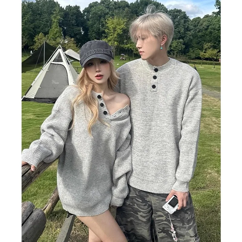 

2025 Autumn/Winter Couple Retro Versatile Henley Collar Half Open Chest Haircoat Style Lazy Soft Sticky Knitted Sweater Top Coat