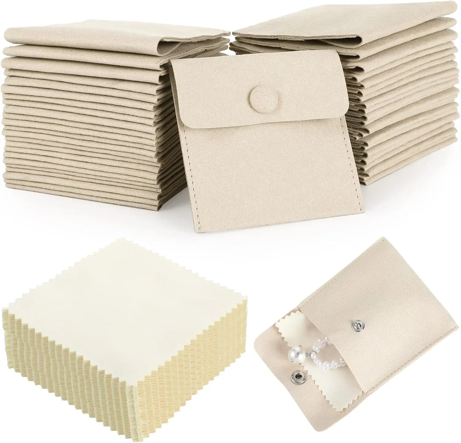 120 Pack Microfiber Jewelry Pouch with Cleaning Cloth 3.2"x3.2" Jewelry Packaging Bag with Snap Button Bags(Beige)