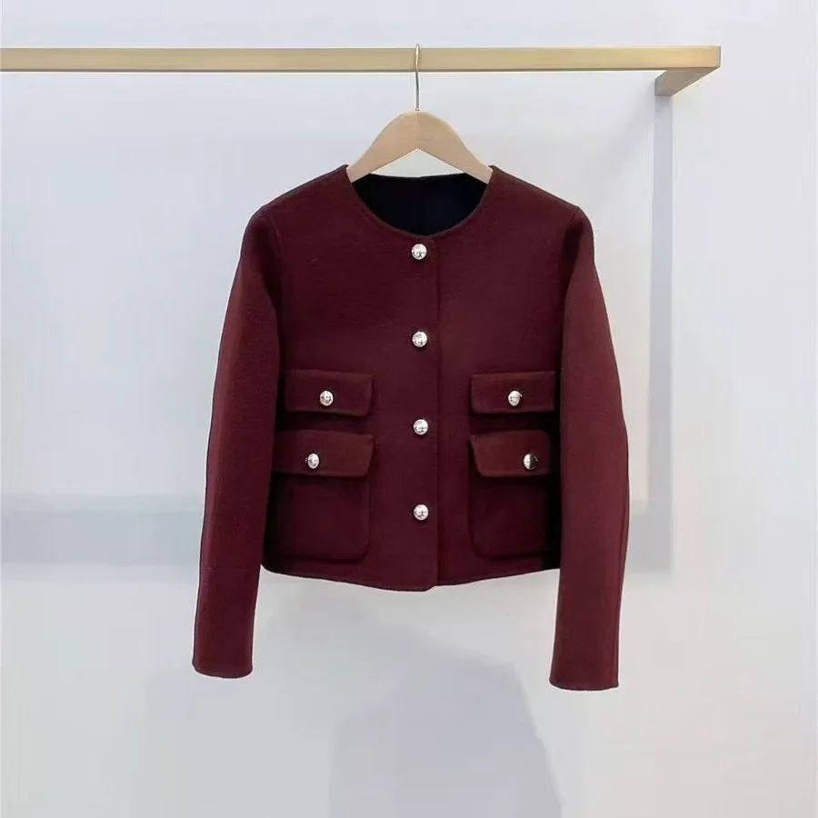 

【Gift Free】 French Niche 2025 Fall Winter New Reversible Round Neck Wool Handmade Double-Faced Short Jacket for Women