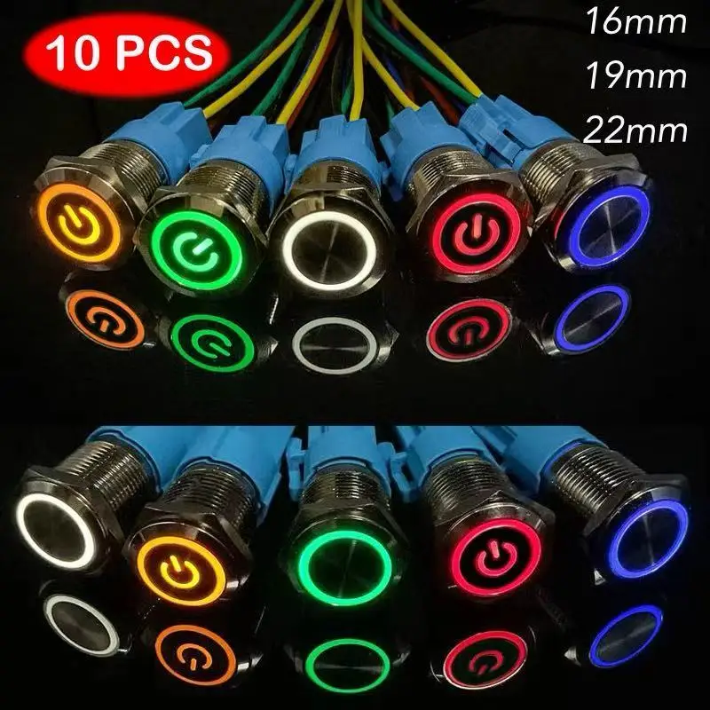 

10pcs16mm 19mm 22mm metal button switch self-reset, self-locking, LED lighting 12V 24V waterproof , for industrial control mach