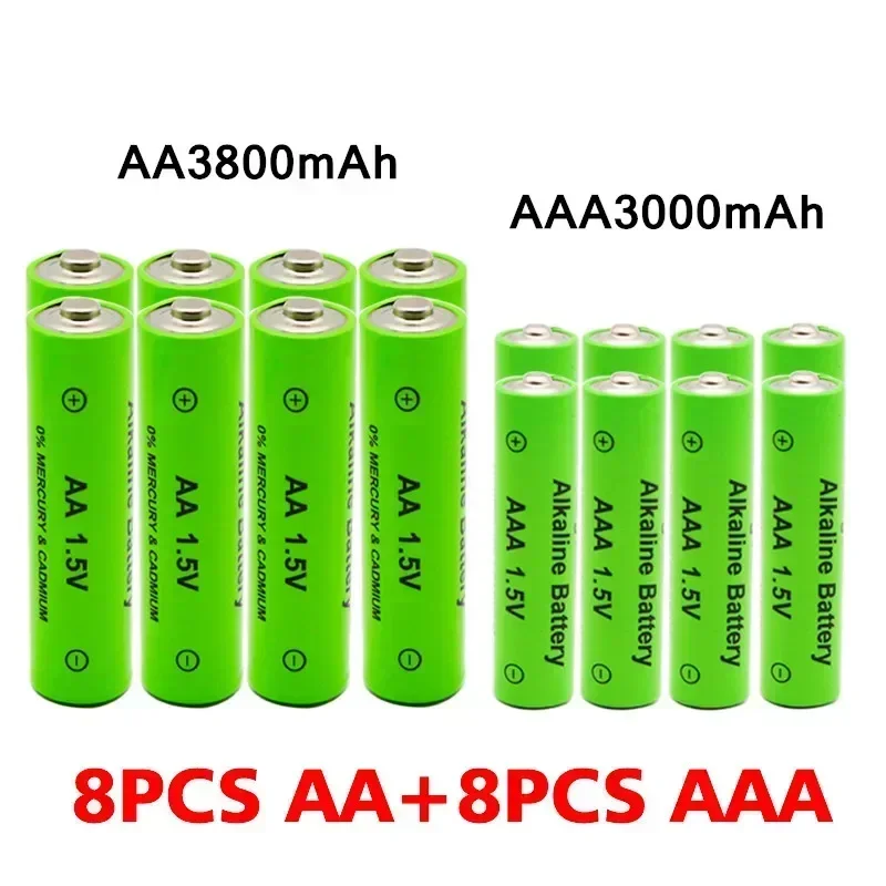 Bateria Alcalina Recarregável, AA + AAA, 1.5V 3800mAh, 3000mAh, Lanterna, Brinquedos, Relógio, Leitor de MP3, Substituir, Bateria Ni-Mh