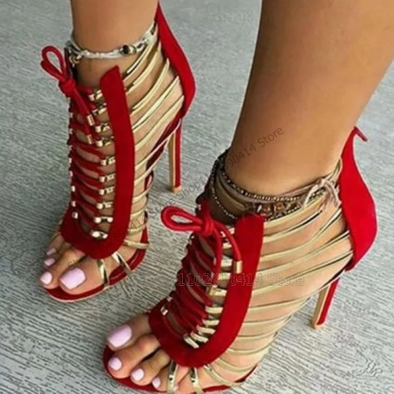 

Red Hollow Design Cross Tied Open Toe Sandals Back Zipper Women Shoes Thin High Heels New Party Banquet 2024 Zapatos Para Mujere