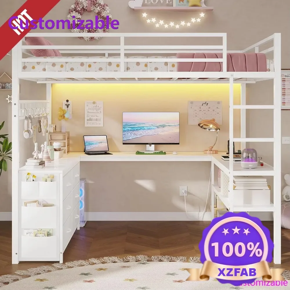 Factory Direct 2026 Space Saving Metal Loft Bed with Staircase L-Shaped Desk High Sleeper Sturdy Iron Frame Bunk Bed for Kids