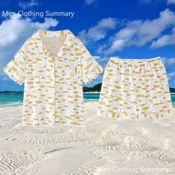 Sommer kleine gelbe Ente drucken Hawaii setzt Männer lässig Kurzarm Button-Down-Revers Shirt Shorts 2 Stück Anzug Männer Kleidung