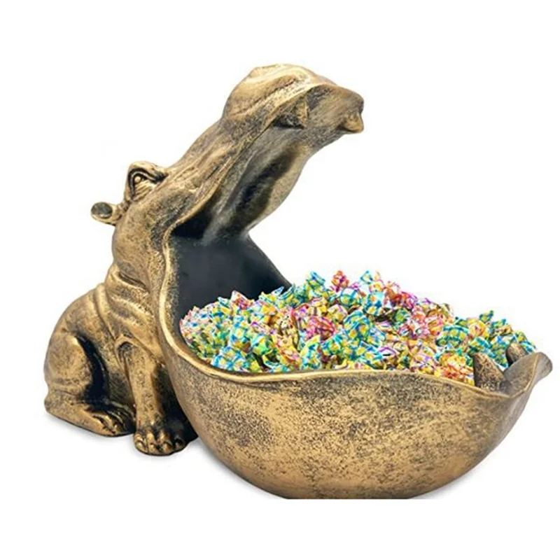 AT44-Hipopótamo estatuilla plato de caramelo estatua de hipopótamo de resina única para decoración de escritorio de oficina oro