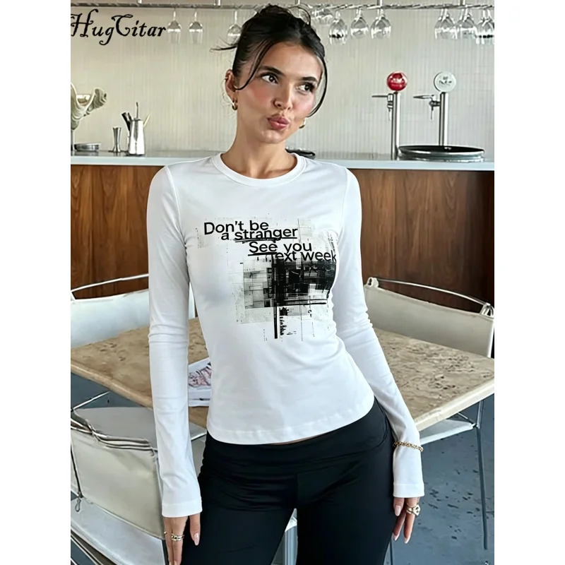 Y2K Vintage Gothic Print Women Long Sleeve Tee Trendy Street Fashion Casual Top