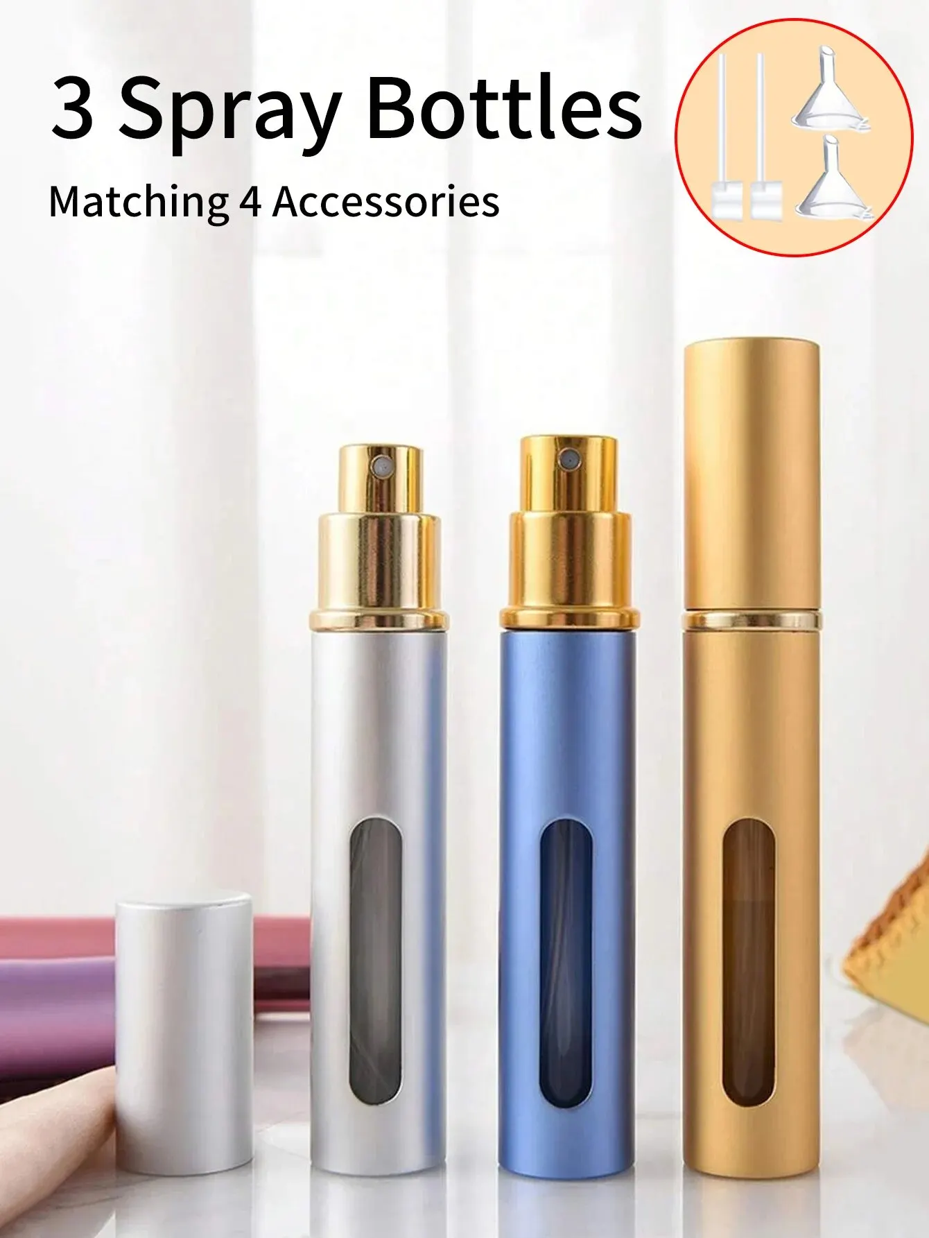 3pcs 4 Accessories 10ml Perfume Spray Bottle with 3 Spray Bottles, 2 Funnels, 2 Dispensing Divas.