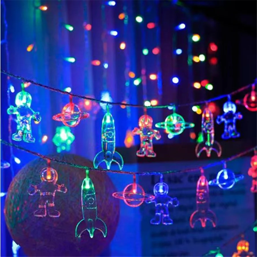 Alimentado por bateria LED Astronauta Foguete Planeta String Luzes OuterSpace Tema Aniversário Festa Decoração Natal Fairy Lights Kids Gift