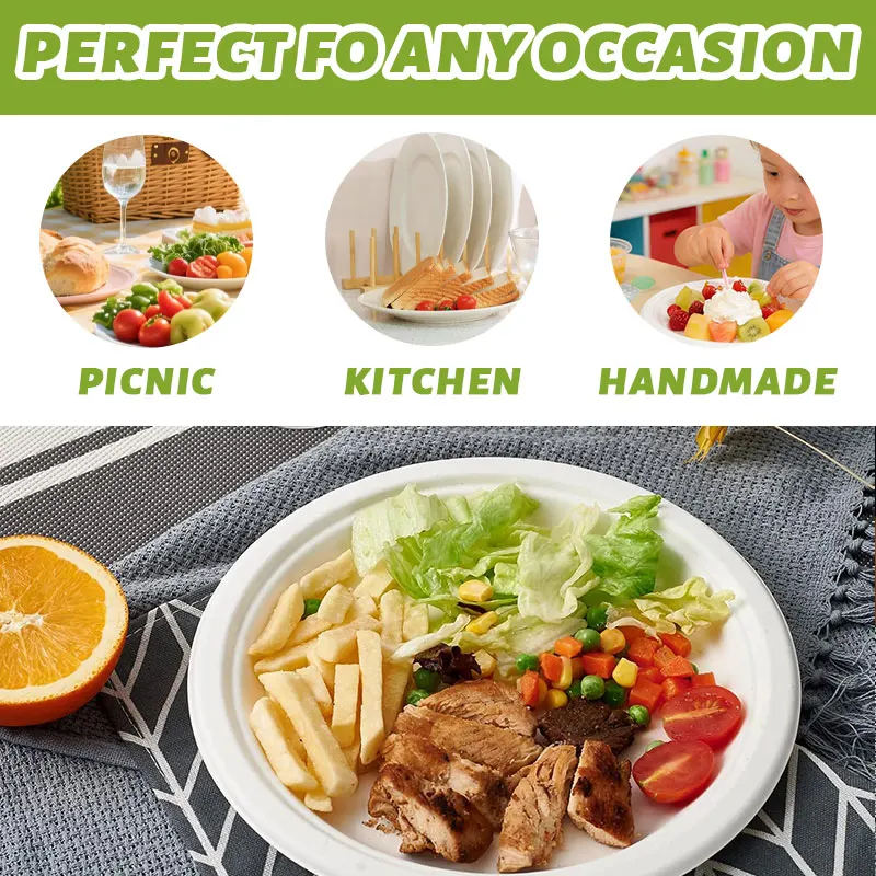 

50-Pack 9-Inch Compostable Plates, Bagasse Disposable Dinner Plates for Parties & Events, White