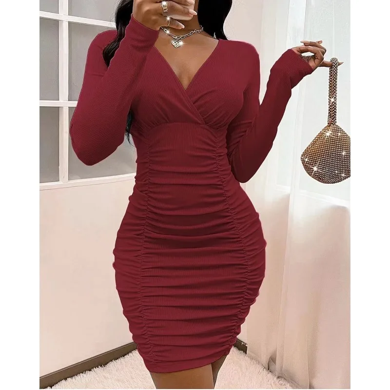 Autumn Sexy Women Corset Party Dress Elegant Y2K Fashion Long Sleeve V Neck Slim Fit Evening Graduation Bodycon Dress Streetwear