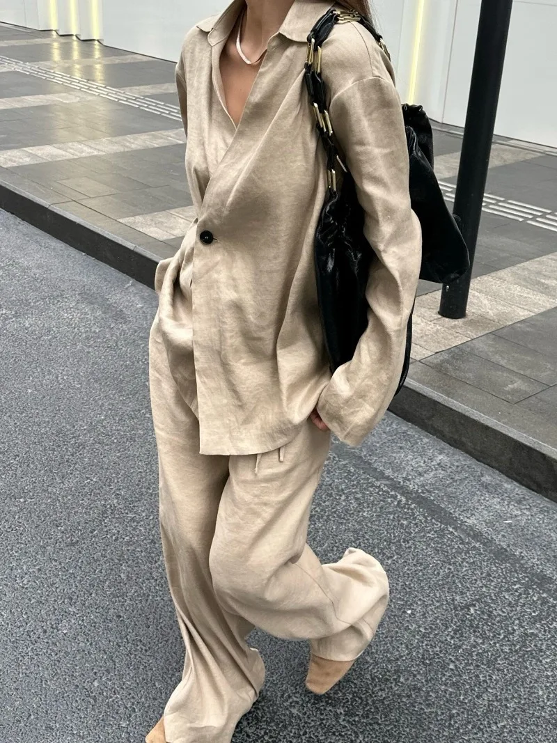 Ensemble de mode deux pièces pour femmes, chemise en lin à coupe décontractée et pantalon droit, nouvelle collection printemps/été