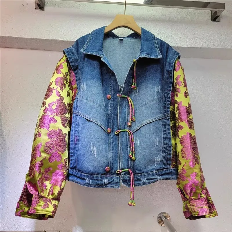 Streetwear Fashion Embroidery Sleeve Spliced Denim Jacket Women Loose Short Cowboy Outerwear Korean Frayed Jeans Jackets Female