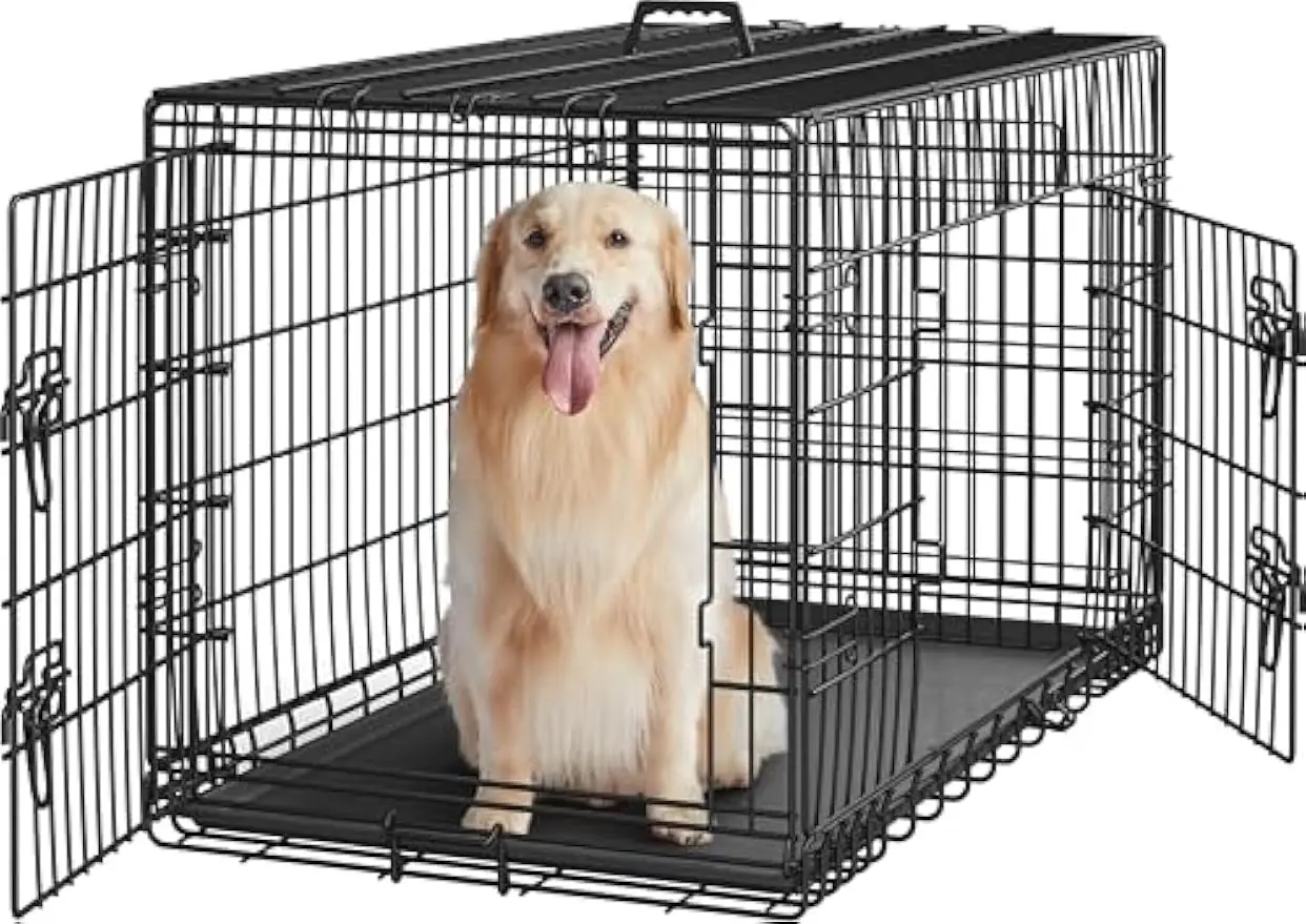 

42-дюймовый складной ящик для собак с двойной дверью и разделителем и съемным подносом для больших собак, портативная дорожная клетка черного цвета
