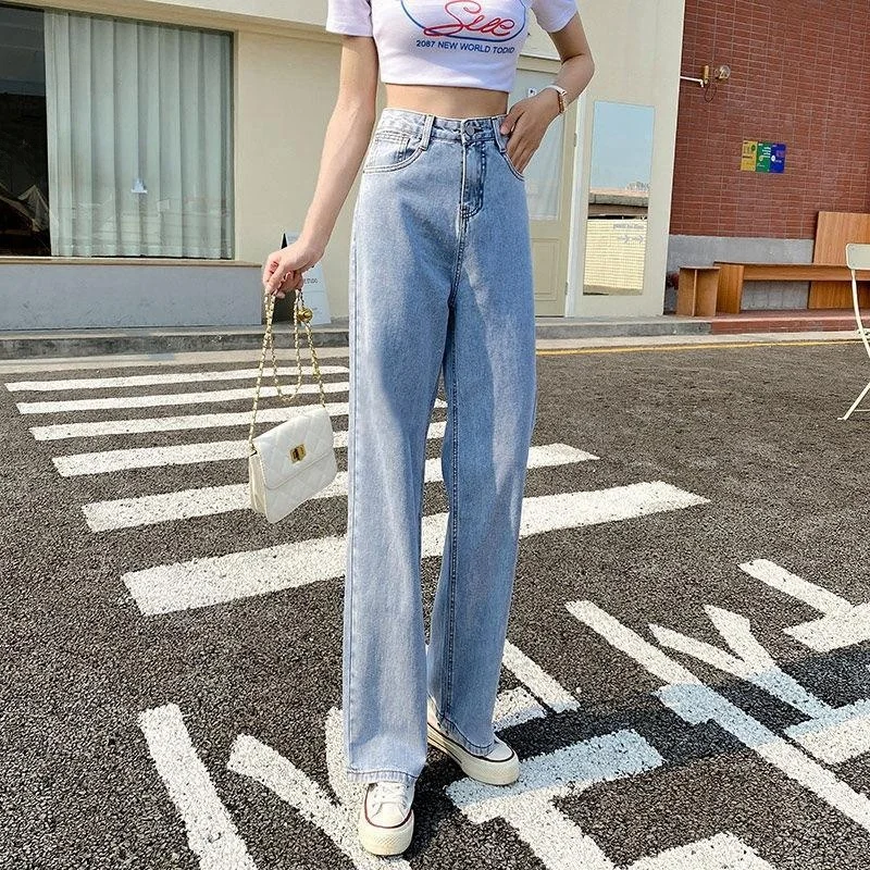 

Женские джинсы с высокой талией и широкими штанинами, свободного кроя, осенние, модные, тонкие, длинные брюки прямого кроя с эффектом похудения, длина в пол