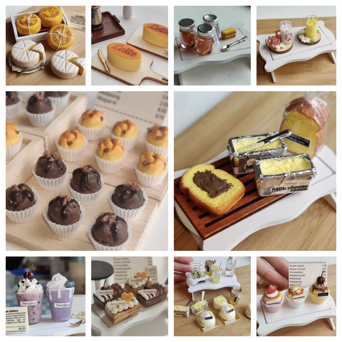 Handmade Miniature Food  Summer Lemon & Berry Dollhouse Set: Cheesecake, Mousse, Pancake, Oreo Milkshake, Muffin Collection