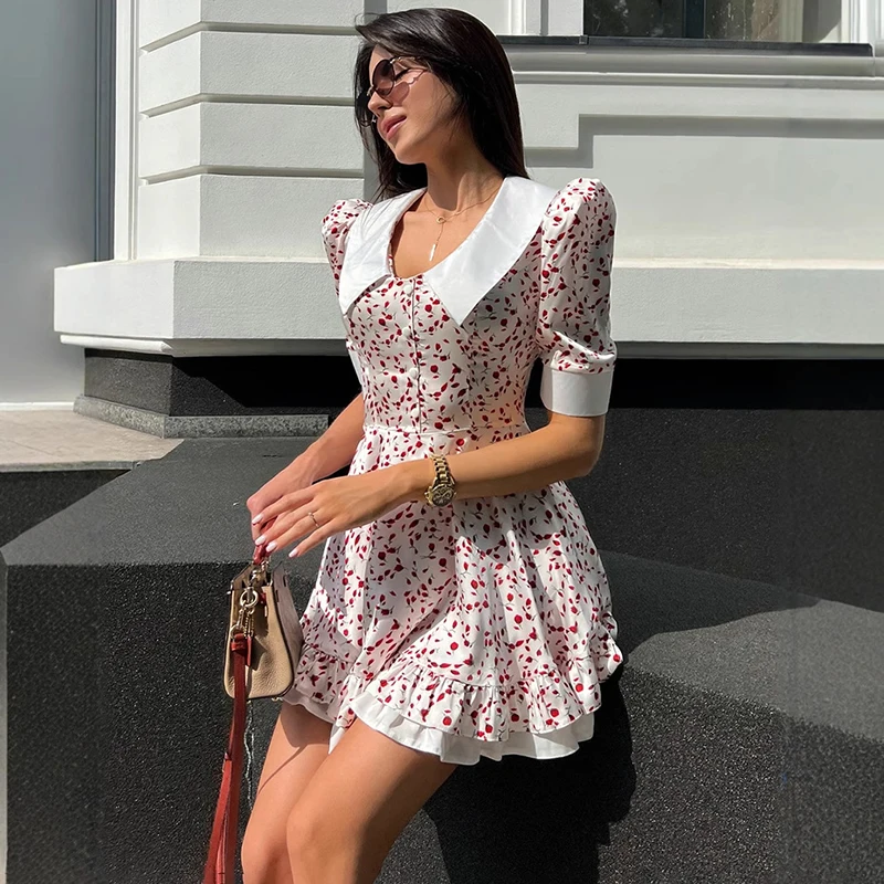 

Talenza V Neck Print Dress Women's Lapel Puff Sleeve Single Breasted High Waist Dress Female Summer Fashion Contrast Slim Dress