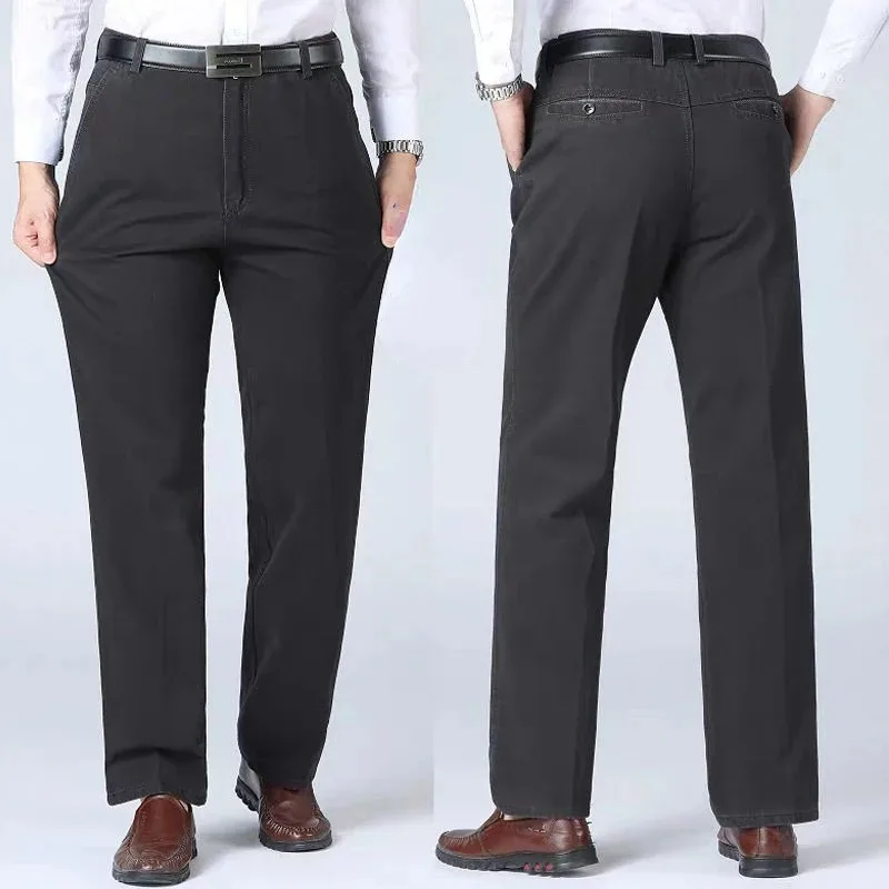 Men's Office-Ready 100% Cotton Casual Business Pants Autumn Thickened Summer Thin Solid Color Quick-Drying Work Trousers KOACUS