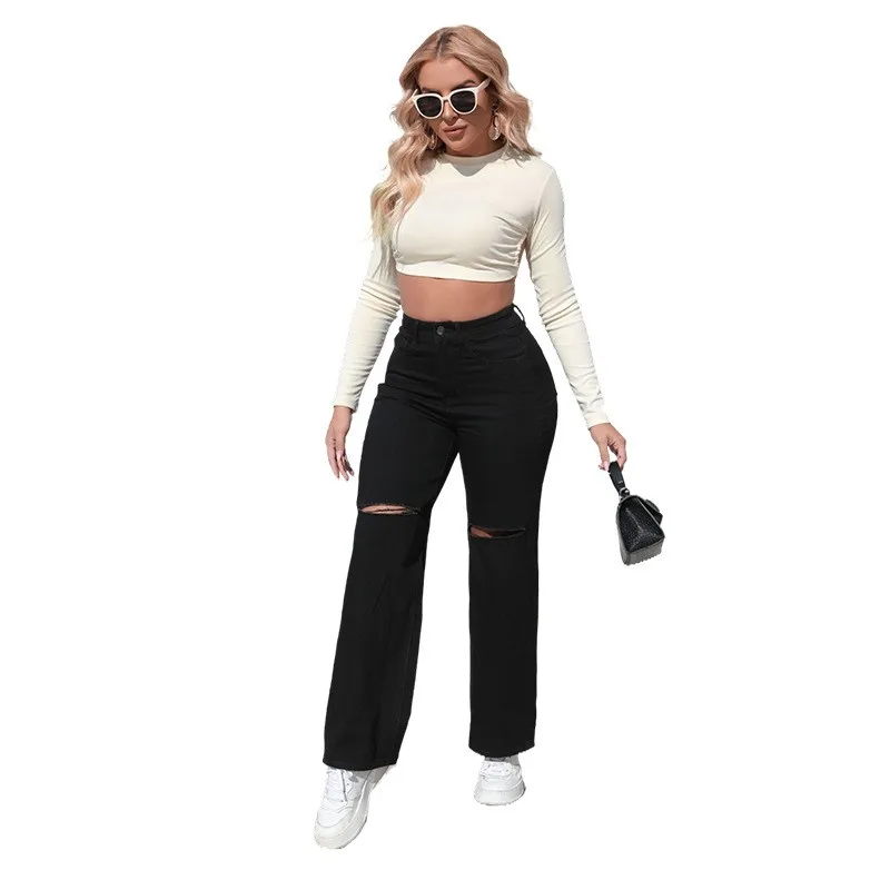 

Y2K Baggy Jeans Women Flared High Waist Denim Pants Black Distressed Wide Leg Denim Jeans Blue Straight Leg Ripped Jeans Pants