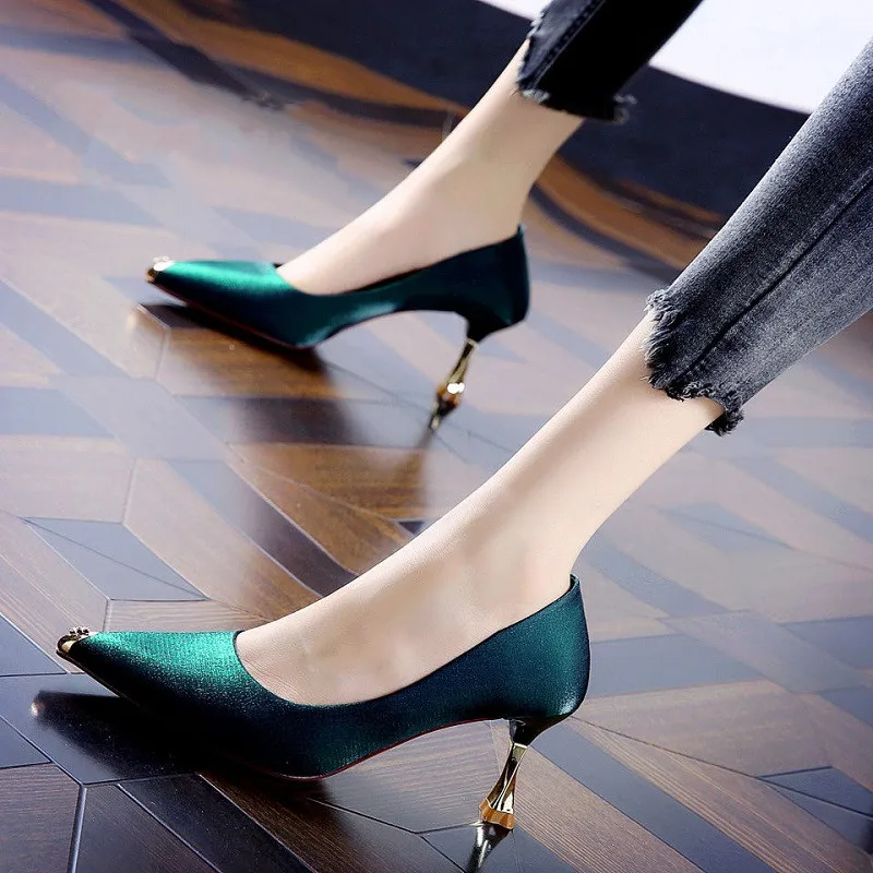 Marlisasa Sapatos Femininos Women Cute Green Pu Leather Stiletto Heels for Office Lady Party Night Club Black Heel Shoes H6153