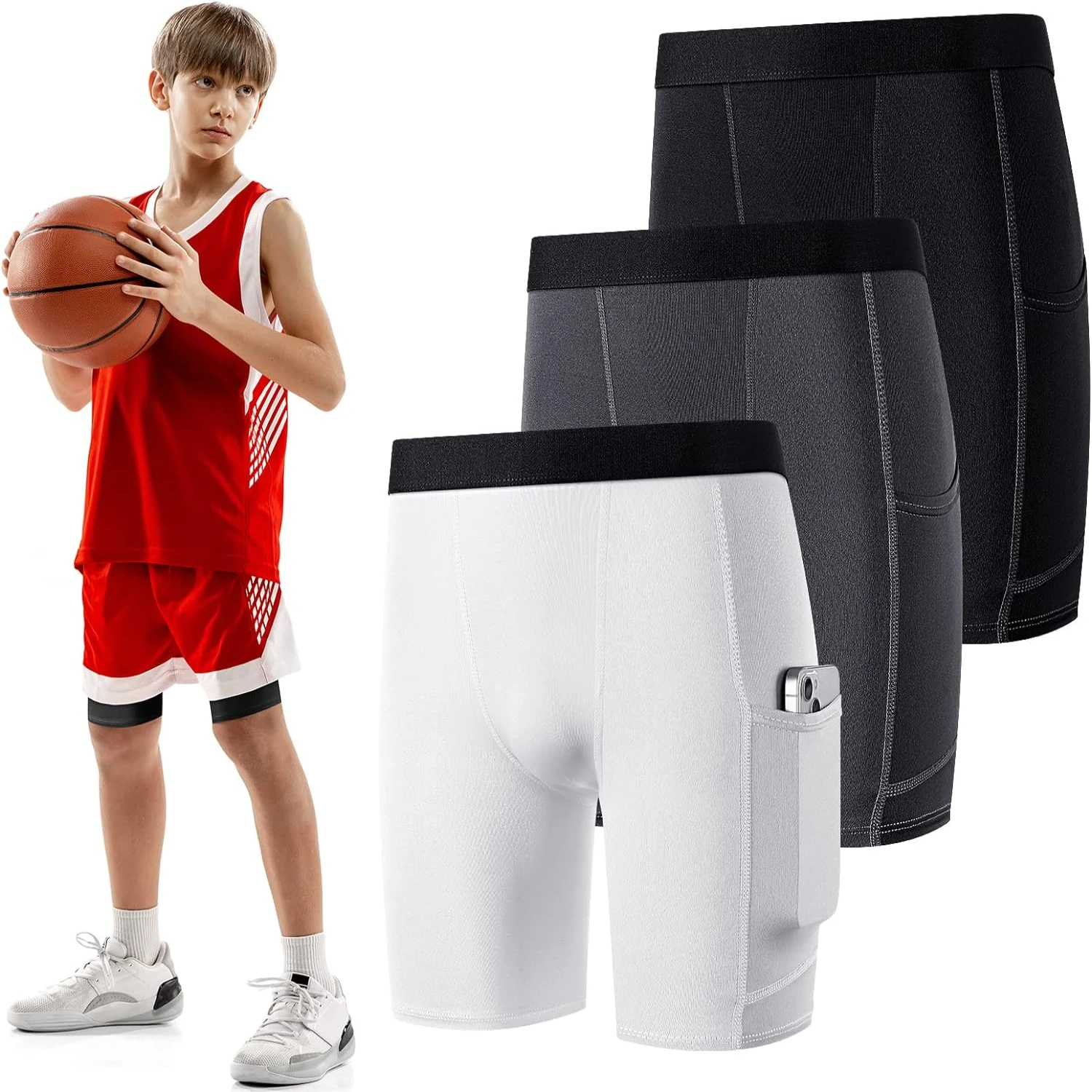 

Durable, High-Quality, and Stretchy Compression Shorts for Active Youth Athletes - Convenient Side Pockets for School Sports - I