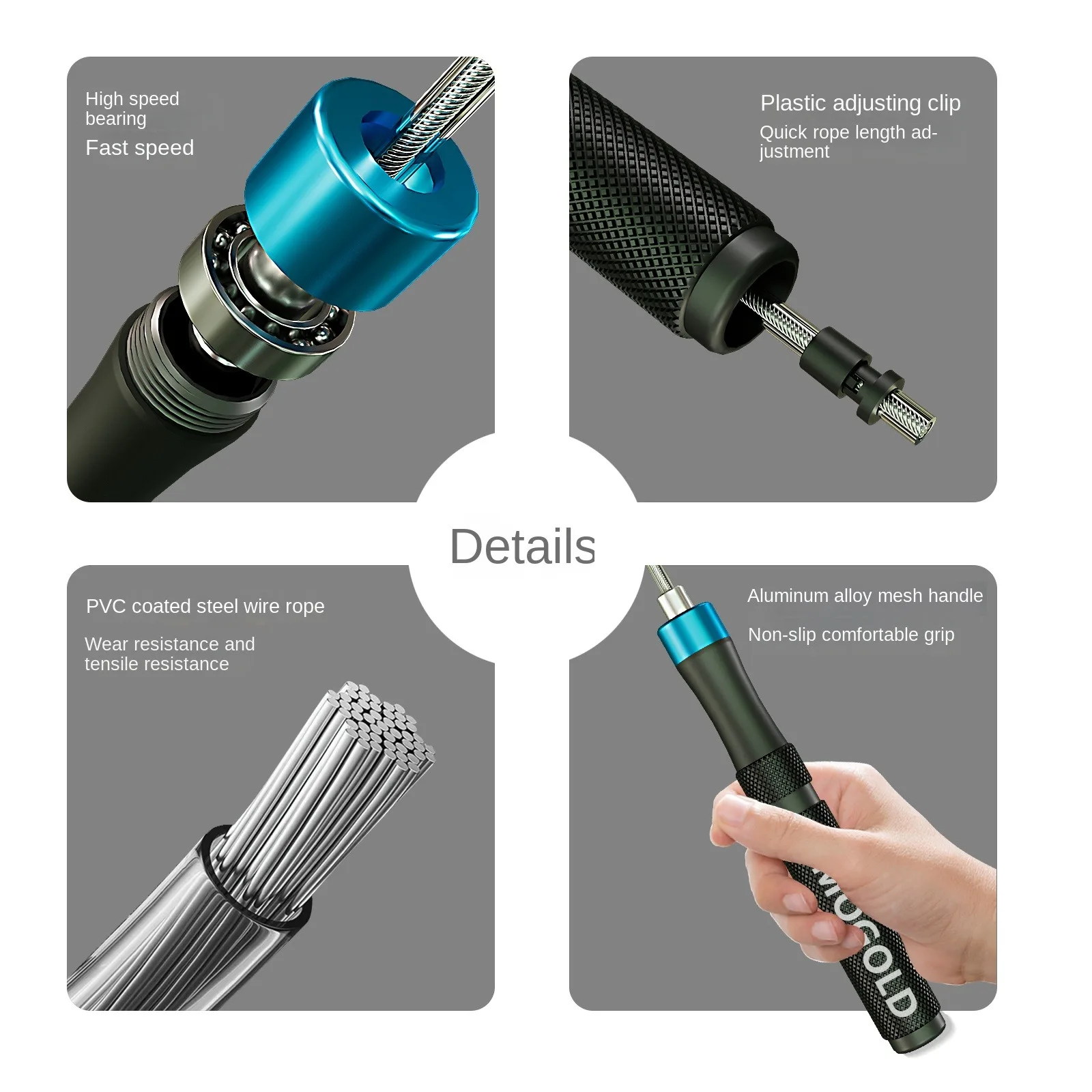 حبل قفز سريع احترافي من MOGOLD مع مقابض معدنية، ومحامل عالية السرعة وتشويش صفر، وكابل سباق 3.0 مم